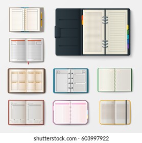 Set of open realistic notebooks with pages diary office sheet template booklet and blank paper education copybook organizer vector illustration.