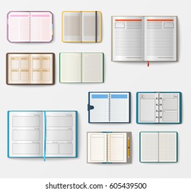 Set of open realistic notebooks with pages diary office sheet template booklet and blank paper education copybook organizer vector illustration.