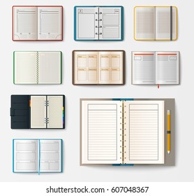 Set of open realistic notebooks with pages diary office sheet template booklet and blank paper education copybook organizer vector illustration.