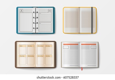 Set of open realistic notebooks with pages diary office sheet template booklet and blank paper education copybook organizer vector illustration.