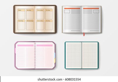 Set of open realistic notebooks with pages diary office sheet template booklet and blank paper education copybook organizer vector illustration.