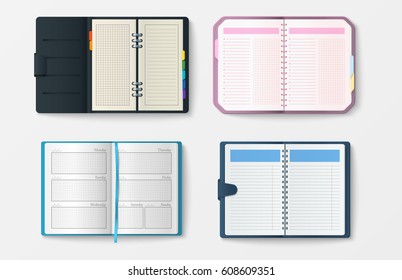 Set of open realistic notebooks with pages diary office sheet template booklet and blank paper education copybook organizer vector illustration.