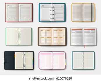 Set of open realistic notebooks with pages diary office sheet template booklet and blank paper education copybook organizer vector illustration.