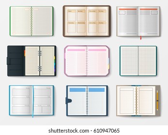 Set of open realistic notebooks with pages diary office sheet template booklet and blank paper education copybook organizer vector illustration.