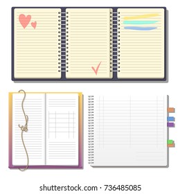 Set of open realistic notebooks with pages diary office sheet template booklet and blank paper education copybook organizer vector illustration.