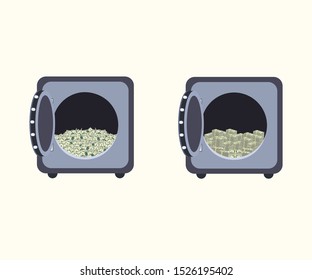 Set of open safe with paper money. Piles banknotes. Vector illustration isolated.