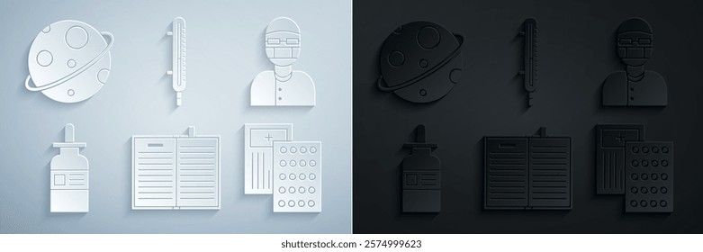 Set Open science book, Assistant, Glass bottle with pipette, Pills in blister pack, Meteorology thermometer measuring and Planet icon. Vector