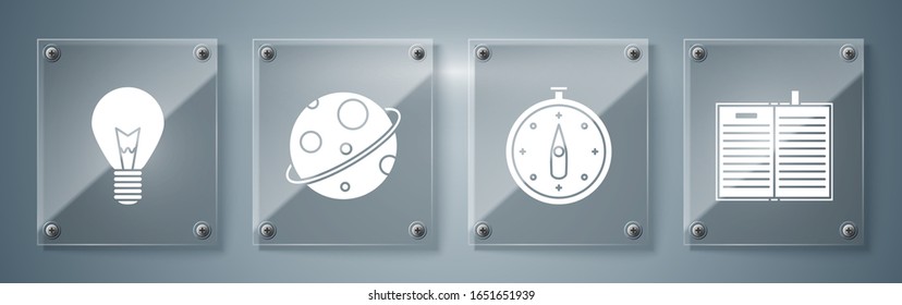 Set Open science book, Compass, Planet and Light bulb with concept of idea. Square glass panels. Vector