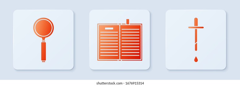 Set Open science book, Magnifying glass and Pipette. White square button. Vector