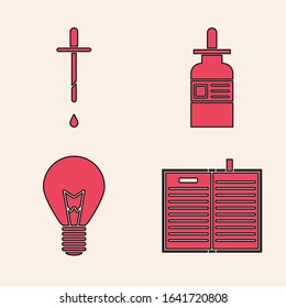 Set Open science book, Pipette, Glass bottle with a pipette and Light bulb with concept of idea icon. Vector