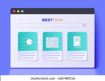 Set Open science book, Satellite and Clipboard with document icon. Vector