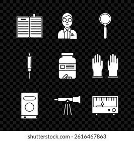 Set Open science book, Scientist, Magnifying glass, Book, Telescope, Electrical measuring instruments, Syringe and Medicine bottle and pills icon. Vector