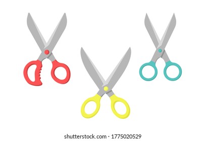 Set of open scissors with colorful  plastic handles isolated  on white background icon. School tool. Stationery items. Vector flat illustration