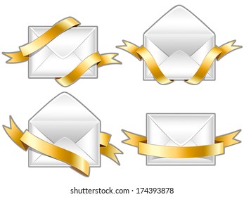 Set of open and sealed envelopes with golden ribbons. Vector icons. Design elements. 