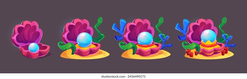 Conjunto de conchas marinas abiertas con perlas en el interior aislado en el fondo. Ilustración de dibujos animados vectoriales de conchas en el fondo marino de arena con algas y corona de oro, tesoro submarino, elementos de diseño de acuario