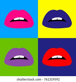 Set Open Sexy red, pink, blue, purple lips with teeth pop art. Vector pop art fashion backgrounds