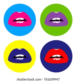 Set Open Sexy red, pink, blue, purple lips with teeth pop art. Vector pop art fashion backgrounds