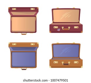 Set of open suitcases with Britain flag vector illustration posters isolated on white background. Vintage luggage cases, travelling concept in flat style