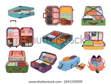 A set of open suitcases displaying neatly folded clothing, shoes, and travel accessories. Perfect for illustrating travel and leisure.
