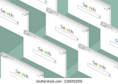 Set Of Open Tabs On The Internet, Search. Isometric Design