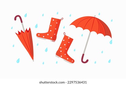 Set. Open umbrella , shoes, rubber boots and closed umbrella . Bright umbrella and raindrops. The rainy season.  Rainy weather. Flat style. Vector illustration, background isolated. 