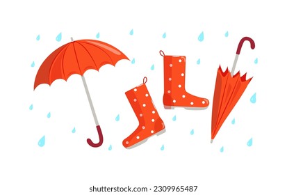 Set. Open umbrella , shoes, rubber boots and closed umbrella . Bright umbrella and raindrops. The rainy season.  Rainy weather. Flat style. Vector illustration, background isolated. 