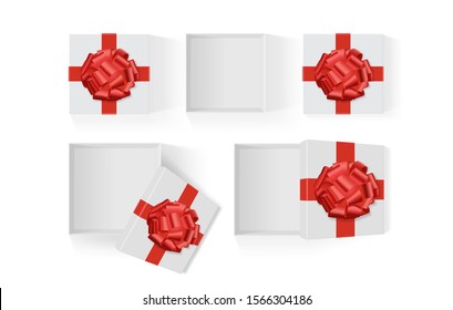 set of open white boxes with red big gift bow on a white background  mock up vector template