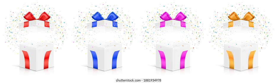 Set Of Open White Gift Boxes With Different Color Ribbons, And Exploded Colorful Confetti, Isolated On Background. Vector Mystery Box With Empty Space, For An Object, Or Text Placement.