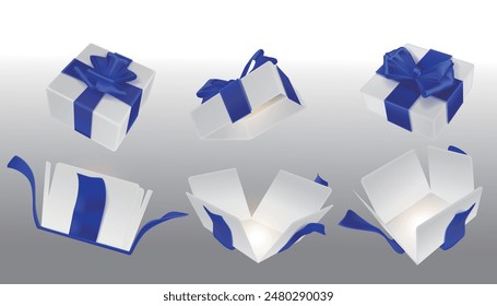 Un conjunto de cajas de sorpresas blancas abiertas atadas con cintas azules