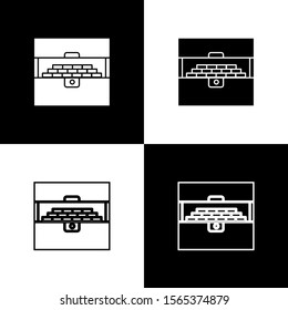 Set Opened antique treasure chest icon isolated on black and white background. Vintage wooden chest with golden coin.  Vector Illustration