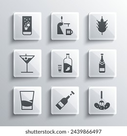 Set Opened bottle of wine, Pickled cucumber on a fork, Champagne, Vodka with pepper and glass, Glass vodka, Martini, Effervescent tablets water and Hop icon. Vector