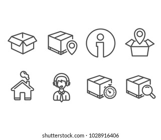 Set of Opened box, Shipping support and Parcel tracking icons. Delivery timer, Package location and Search package signs. Shipping parcel, Delivery manager, Express logistics. Tracking service