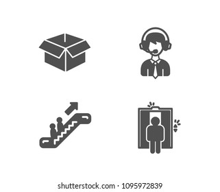 Set of Opened box, Shipping support and Escalator icons. Elevator sign. Shipping parcel, Delivery manager, Elevator. Lift.  Quality design elements. Classic style. Vector