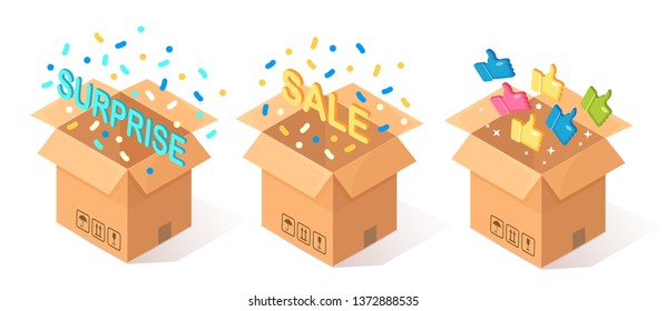 Set of opened cardboard, carton box with thumbs up isolated on blue background. 3d isometric package, gift, surprise with confetti. Testimonials, feedback, customer review, sale concept. Vector design