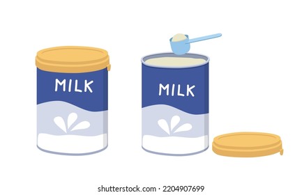 Set Of Opened And Closed Baby Milk Powder Clipart. Simple Powder Milk In Aluminium Can Full Blue Plastic Measuring Spoon Or Scoop Flat Vector Illustration. Powdered Milk Formula Canned Drawing