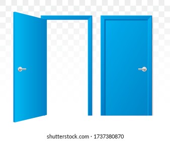 Set of opened and closed blue doors on a transparent background. Vector doors in a front view, isolated on background. Simple and modern shape wooden doors in different positions.