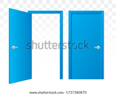 Set of opened and closed blue doors on a transparent background. Vector doors in a front view, isolated on background. Simple and modern shape wooden doors in different positions.