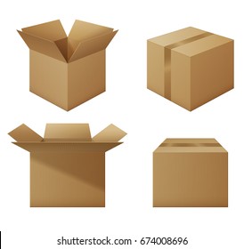 Set of opened and closed cardboard boxes, collection of mockups, delivery packaging set. EPS 10 contains transparency.
 