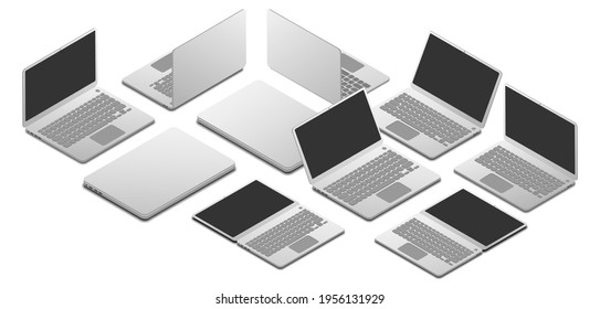 set of opened and closed laptop in isometric view with different angle and position, vector illustration isolated on white background