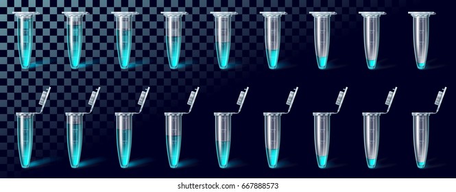 A set of opened and closed microtest tubes with different amount of blue liquid on a dark blue transparent background. Realistic vector illustration.