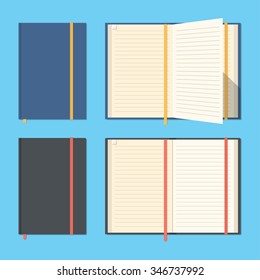 Set of opened and closed notebooks.Notepads for business and important notes.Personal organizer. Diary set. Flat design. Blank pages. Vector illustration