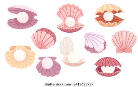 Set of opened and closed pink clam with pearl inside seashell vector illustration isolated on white background