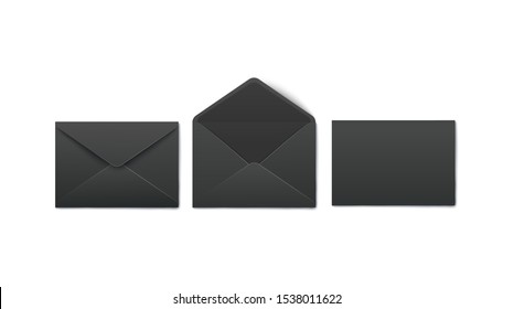 Set of opened and closed realistic blank post and mail black envelopes. Black realistic post paper envelopes for office letter and message, isolated vector illustration.