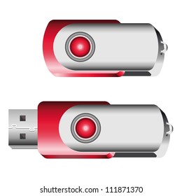 Set of opened and closed red USB memory sticks