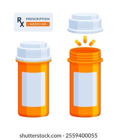 Set of opened and closed Rx prescription medicine bottles with orange pill capsules. Pharmacy, healthcare, and medical concept. Flat vector illustration isolated on a white background with copy space