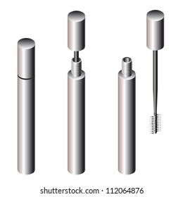 Set of opened, closed and semi-opened mascara in metallic  container