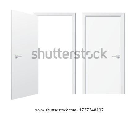 Set of opened and closed white doors. Vector doors in a front view, isolated on a white background. Simple and modern shape wooden door in a different positions. House interior object drawing.