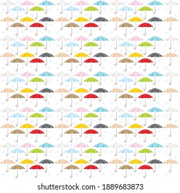 Set opened colorful umbrellas with polka dot and stars. Stylish seamless pattern for fabrics, wallpapers, packaging, backgrounds, gift wrapping. Modern vector illustration. EPS 10