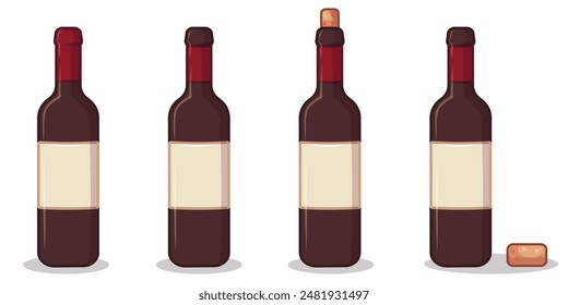 Set of opened and corked bottles of wine on white background. Vector illustration for store, cafe, bar, party, cocktail recipe. Object for menu, poster, website, flyer, invitation, postcard, print