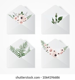 Set opened envelope with flowers. Illustration with white envelopes and flowers.